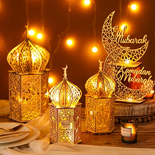 Jetec 5 Pcs Eid Ramadan Mubarak Decoration Large Size 14'' 10'' 10'' Ramadan Lantern Light 7'' Wooden Eid Mubarak Table Sign Hollow Moon Star Design Ramadhan Decoration for Home Islam Muslim Decor
