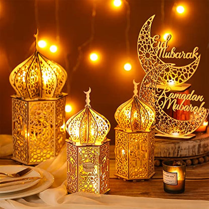 Jetec 5 Pcs Eid Ramadan Mubarak Decoration Large Size 14'' 10'' 10'' Ramadan Lantern Light 7'' Wooden Eid Mubarak Table Sign Hollow Moon Star Design Ramadhan Decoration for Home Islam Muslim Decor