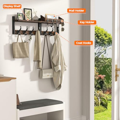 Evermagin 29" Coat Rack Wall Mount with Shelf, 4 in 1 Coat and Key Hanger with 11 Metal Hooks, Entryway Wall Mounted Shelf with Mail Holder for Living Room, Bedroom, Rustic Brown - color: Rustic Brown, size: 29 inch