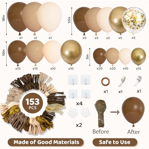 Amandir 153피스 브라운 풍선 가랜드 아치 키트 다양한 사이즈 45.7cm(18인치), 30.5cm(12인치), 25.4cm(10인치), 12.7cm(5인치), 브라운 레트로 살구 라텍스 메탈릭 컨페티 골드 풍선 뉴트럴 베어 샤워 사파리 생일 파티 장식 용품 - color: 브라운.