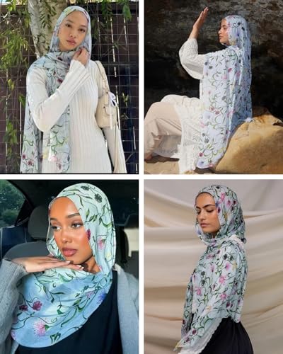 ZGMYC Watercolour Floral Printed Hijab Scarf for Women Soft Modal Cotton Instant Hijab Head Wraps Shawls Long Scarves - color: Light Green Flowers