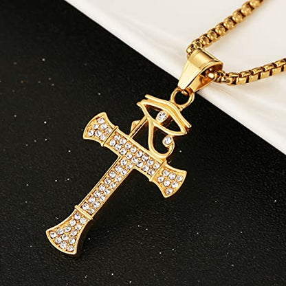 HZMAN CZ Eye of Horus Egypt Protection Pendant Coptic Ankh Cross Religious Stainless Steel Necklace - color: Gold-New