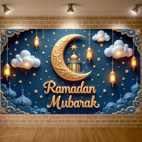 Ramadan Islamic Festival Crescent Moon Lantern Decoration Mosque Scene Mubarak Display Crescent Moon Starry Pattern Banner Islamic For Home Decoration Mosque Event
