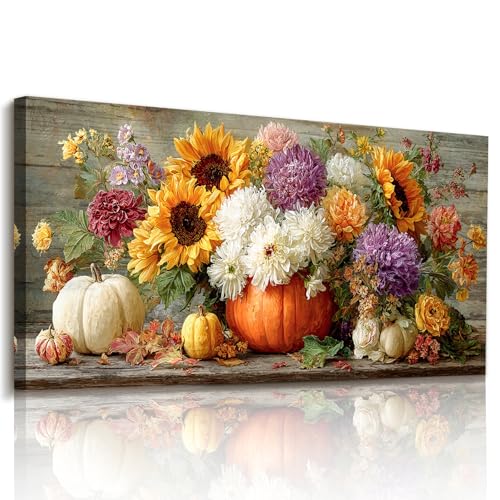 imjiayu Autumn Wall Art, Pumpkin Sunflower Flower Canvas Print - color: Harvest Flowers Pumpkins, size: 48"L x 24"W
