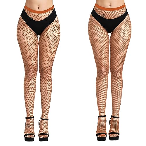 E-Laurels Womens High Waist Patterned Fishnet Tights Suspenders Pantyhose Thigh High Stockings Black - color: Caramel 2 Pcs M+l