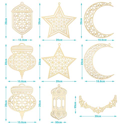 9 Pieces Wooden Pendant Ornament Ramadan Kareem Hollow Decoration Moon Star Wind Light Shape Pendant Ornament Happy Eid Hanging Sign for Ramadan Mubarak Eid Party Decorations