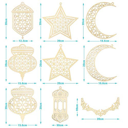 9 Pieces Wooden Pendant Ornament Ramadan Kareem Hollow Decoration Moon Star Wind Light Shape Pendant Ornament Happy Eid Hanging Sign for Ramadan Mubarak Eid Party Decorations