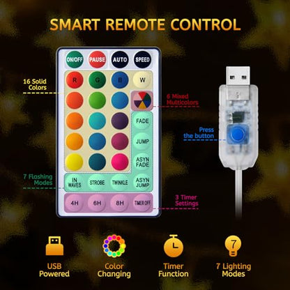Minetom USB 스타 스트링 조명 - 11.9m(38피트) 100가지 LED 색상 변경 별 요정 조명, 리모컨 및 타이머 포함, 16가지 단일 색상 및 7가지 모드 별이 빛나는 조명, 침실 기숙사 텐트 침대 파티오 크리스마스 파티 실내용 - size: 39 FT
