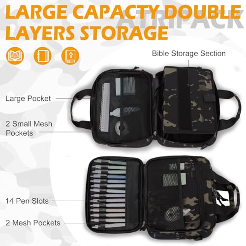 ATRIPACK Tactical Large Bible Cover for Men,Double Layer Bibles Bag With Detachable Book Carrying Case, Covers for Bible Organizer with Zippered Pockets,Church Case with Handle. - color: camo black