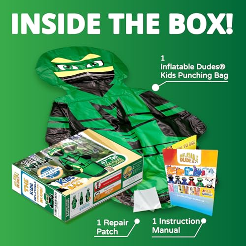 INFLATABLE DUDES Green Ninja Toy 47” - Kids Punching Bag | Sand-Base | Bop Bag, Pre-filled with Sand, Inflatable Toy, Punching Bag for Kids, Enhanced Bounce-Back Action, Indoor/Outdoor - color: Green Archer Standard Ninja | Pre-filled with Sand