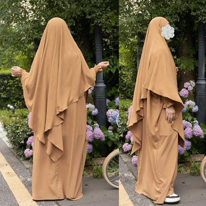 Muslim Prayer Abaya Islamic Women's Khimar Pure Color Hijab Dress Long Sleeve Dubai Kaftan - color: Khakihijab