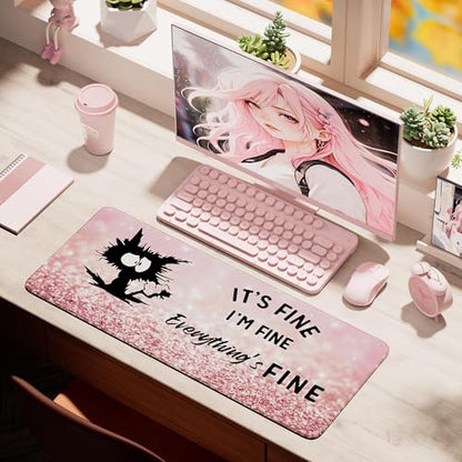 Desk Mat Pad,Large XXL Extended Mouse Pad Mat for Desktop Keyboard | 35''×15.6'' XXL Extended Gaming Mouse Pad with Non-slip Base Desk Matt Mousepad for Computer,Office,Keyboard and Laptop - color: A9-Pink Cat