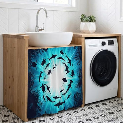 BEMIGO Blue Coastal Cabinet Curtain 35" Wx35 L, Dustproof Under Sink Skirt with Self Adhesive Tape, Nautical Fish Turtle Coral Cabinet Curtain Cover for Kitchen Sink, Bathroom Vanity, Laundry Room - size: 35"W x 35"L (Pack of 1)