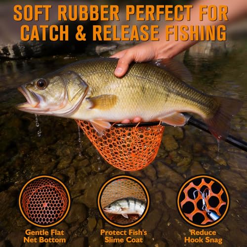 Rubber Fishing Landing Nets Telescopic Handle Nets Folding Nets with Collapsible Handle for Catch & Release Fishing Gift 17.6" dia-13.7" Depth Black/Orange - color: Orange