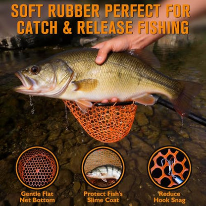 Rubber Fishing Landing Nets Telescopic Handle Nets Folding Nets with Collapsible Handle for Catch & Release Fishing Gift 17.6" dia-13.7" Depth Black/Orange - color: Orange