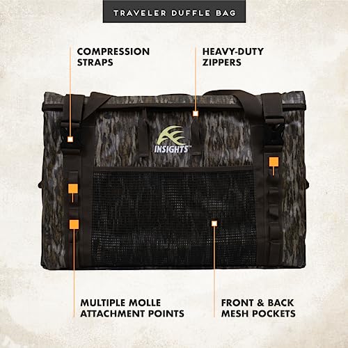 Insights Hunting by frogg toggs– The Traveler Gear Bag, All Around Hunting Weatherproof Storage Duffle, XL 3000 Cubic Inches of Storage, Mossy Oak Bottomland