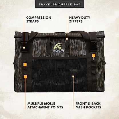 Insights Hunting by frogg toggs– The Traveler Gear Bag, All Around Hunting Weatherproof Storage Duffle, XL 3000 Cubic Inches of Storage, Mossy Oak Bottomland