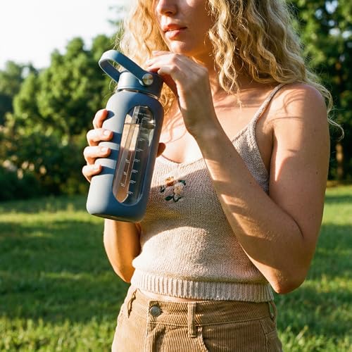 CIVAGO 64 oz Glass Water Bottle Jug with Detachable Straw and Time Maker | Half Gallon Motivational Large Flask Cup with Handle, Leakproof Lids, Wide Mouth, Silicone Sleeve, Tumbler for Juice, Navy - color: .Navy Blue, size: 64 Ounces