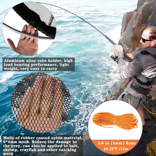 Foldable Bridge and Pier Fishing Net Landing Net High Load-Bearing Aluminum Ring Drop Net for Saltwater Freshwater Pier Fishing Baskets Net Collapsible with 49.2 FT Rope - size: 23.6*23.6*27.5 IN / 60*60*70cm