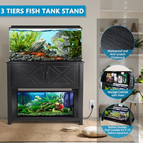 BEURUKU 40 Gallon Tank Stand with Cabinet and Power Outlets, Heavy Duty Metal Aquarium Stand for 40-50 Gallon Breeder Tank, Turtle Tank, Double Terrarium Stand, 660LBS Capacity, Black - color: Black, size: 40-50 Gallon