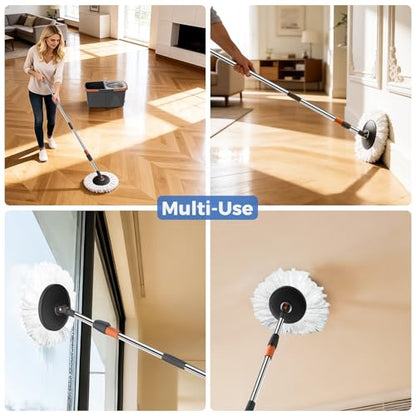 YASHE Foldable Spin Mop and Bucket System, Dual-Bucket Cleaning & Stainless Steel Wringing, Collapsible Storage with Detergent Bottle, 2 Reusable Microfiber Mop Heads for Floor Cleaning