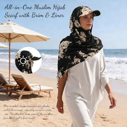 ZLYC Women Muslim Hijab Scarf with Visor Built-in Undercap Sun Protection Headwrap - color: Flowers Black