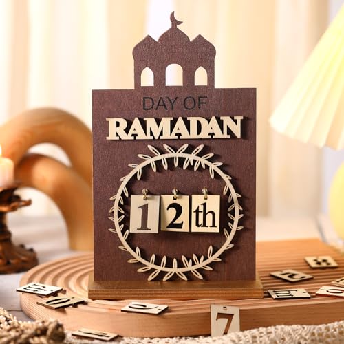 Eid Mubarak Decor Ramadan Advent Countdown Calendar Wooden Ramadan Decorations for Home 2026, 30 Days Til Eid 2026, Gift Muslim Islamic Decorations for Table Office