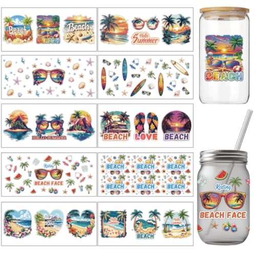 arricraft 10 Pcs Colorful Sand Beach Theme Cup Printing UV Transfer Papers, 10 Styles Shells Conch Tree Surfboard Starfish UV DTF Cup Wrap Stickers for 16 OZ Glass Cups Crafts 9.5x4.3inch - style: Colorful Sand Beach Theme