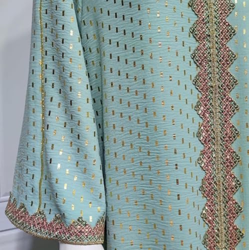 Women Muslim Abaya Dress V Neck Embroidered Kaftan Long Sleeve Loose Islamic Maxi Prayer Robe for Ramadan Eid - color: Green, size: Medium