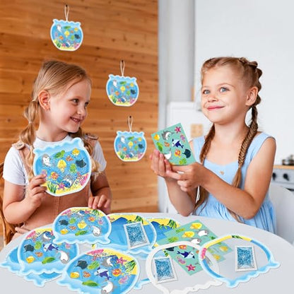 WATINC Ocean Animals Aquarium Scene DIY Fish Tank Craft Kit - Art Supplies with Glitter Sequins for Kids School Classroom (12Pcs)