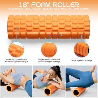 Krightlink 5-in-1 Foam Roller Set, Massage Roller Stick, Massage Ball, Resistance Band for Deep Muscle Massage, Trigger Point Release, Pilates, Yoga (Orange-18(5 in 1)) - color: Orange-18"(5 in 1)