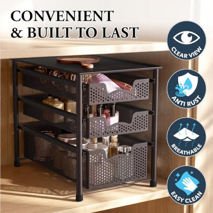 Simple Houseware Stackable 3 Tier Sliding Basket Organizer Drawer, Bronze - color: Bronze, size: 3-Tier