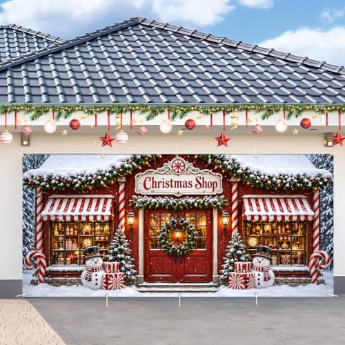 7x16FT Christmas Shop Garage Door Cover Decorations Merry Christmas Garage Door Banner for Outdoor Indoor Christmas Decorations Party Photography Backdrop - color: Christmas shop, size: 7*16 ft