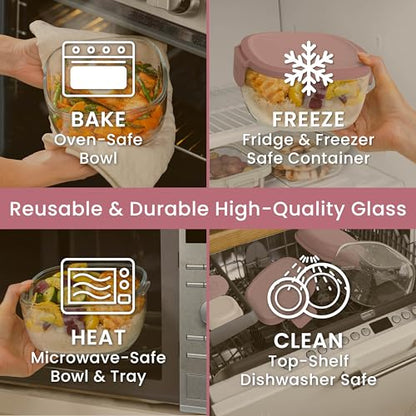 Bentgo Glass Salad Container - 7.6-Cup Salad Bowl with Airtight Lid, Leak-Proof Sauce Container, 4-Compartment Bento Tray & Reusable Fork - BPA-Free for Meal Prep, Office & More (Rose) - color: Rose