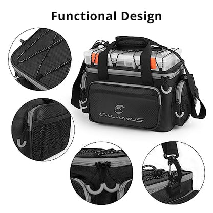 Calamus TB61 Fishing Tackle Bag, Fishing Gear, Gifts for Angler, Black | Saltwater & Freshwater Fishing Bags, Rip-Stop PE, Padded Shoulder Strap, Pliers Storage, Easy to Organize, Functional Design - color: D：Black(without trays)-14.3*9*7.5 inches