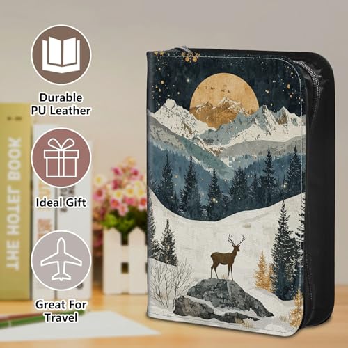 Bible Cover Case for Women, PU Leather Large Bible Cases with Zipper Fits Books Up to 12" x 9" x 2.76”, Bible Carrying Bag for Men, Mountain Deer - color: Mountain Deer