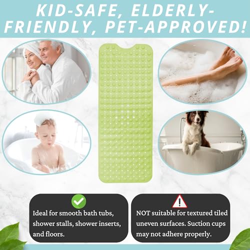 ENKOSI Non-Slip Bath & Shower Mat 40x16 Extra Long, Suction & Drain Holes | Green color; Durable PVC; 40x16 in, Green - color: Green