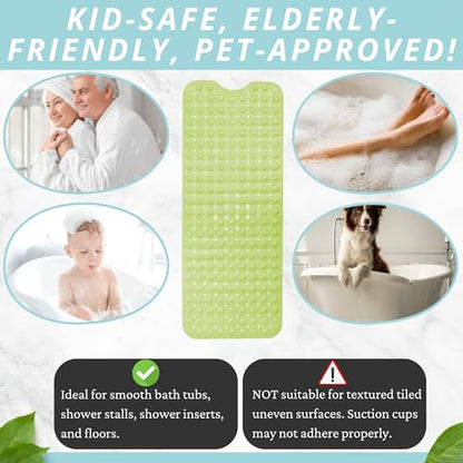 ENKOSI Non-Slip Bath & Shower Mat 40x16 Extra Long, Suction & Drain Holes | Green color; Durable PVC; 40x16 in, Green - color: Green