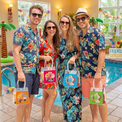 Aliceset 24 Pcs Clear Hawaiian Gift Bags with Handles Tropical Floral Hawaiian Luau Party Favor Bag for Aloha Theme Tropical Luau Summer Party with Palm Leaves 6.31"x 5.91"x 3.15" - style: Hibiscus