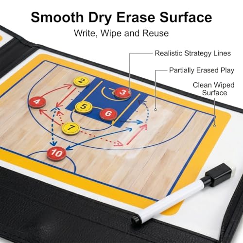 Basketball Clipboard for Coaches, Magnetic Basketball Coaching Board with Player Magnets, Double-Sided Court Tactic Board, Portable Coaching Clipboard for Game & Training, Great Gift for Coaches