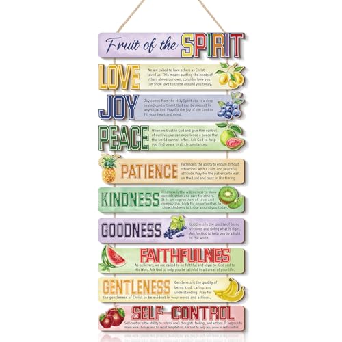 HPNIUB Scripture Fruits Spirit Wall Decor, Bible Verse Funny Kitchen Wooden Sign, Colorful Religious Inspirational Quote Wall Hanging Plaque for Classroom Sunday School Church Dining Room Decoration - size: Fruit of the spirit