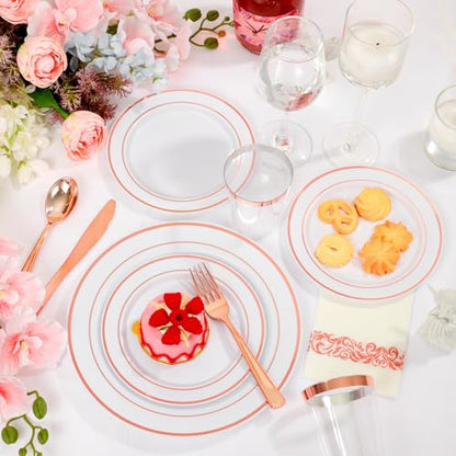 Supernal 200pcs Rose Gold Plastic Dinnerware included Disposable Flatware& Plastic Party Plates Disaposable Cups and Napkins,Perfect for Valentine's Day Mother's Day and Easter - color: 200pcs White and Rose Gold Plastic Dinnerware
