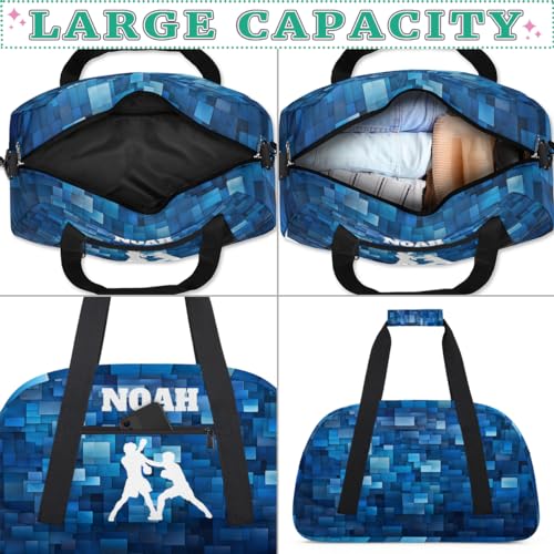 Custom Sports Bag for Boys, White Boxing Silhouette Blue Geometric | Personalized Named Practice Travel Overnight Training Bag - color: Color 32