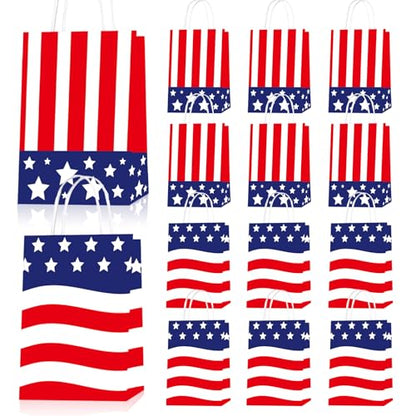 LAOREI 12 Pcs 4th of July Gift Bags with Handles, Patriotic Paper Goodie Sacks, Red White Blue American Flag Treat Bags for Independence Day Party, Memorial BBQ, Veterans Event, Birthday - color: Red White Blue