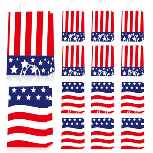 LAOREI 12 Pcs 4th of July Gift Bags with Handles, Patriotic Paper Goodie Sacks, Red White Blue American Flag Treat Bags for Independence Day Party, Memorial BBQ, Veterans Event, Birthday - color: Red White Blue