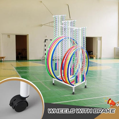 Duraaamo PVC Hoop Cart Plastic Jump Rope Rack with Wheels Movable Hoop and Rope Holder PE Equipment Stand for Storage Indoor Outdoor Sports Elementary School Gear, 28 x 18 x 69 Inch