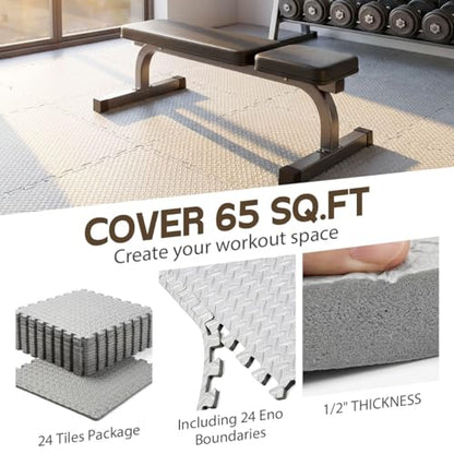 24 Tiles Interlocking EVA Foam Floor Tiles, Puzzle Exercise Mat, Home Gym and Garage Workout Mat, Black, 20 in x 20 in x 0.39 in, 64 Sq Ft (24, Grey) - color: Grey