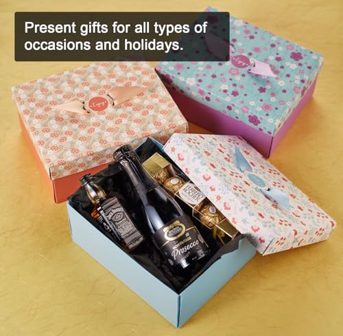 Floral Gift Boxes with Lids & Ribbons (20 Pack) 8" x 6.3" x 3.5" Decorative Printed Treat Boxes for Gift Giving, Soaps, Chocolate, Small Presents, Christmas, Birthdays, Bridesmaid, Diwali, Bulk, Empty
