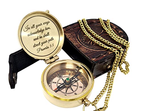 Brass Compass Engraved with Religious Scripture Verse - Ideal Gift for Son, Grandson, Daughter - Perfect for Baptism, Communion, Church and Graduation Day Present - style: Proverbs 3:5 - "In All Your Ways Acknowledge Him"
