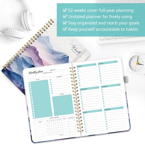 Taja Undated Weekly Planner, Weekly To Do List Notebook with Goal & Habit Tracker Organizer, A5 Weekly Planner Notebook with Spiral Binding, 6.1" x 8.2" - Distant Peaks - color: k.Distant Peaks